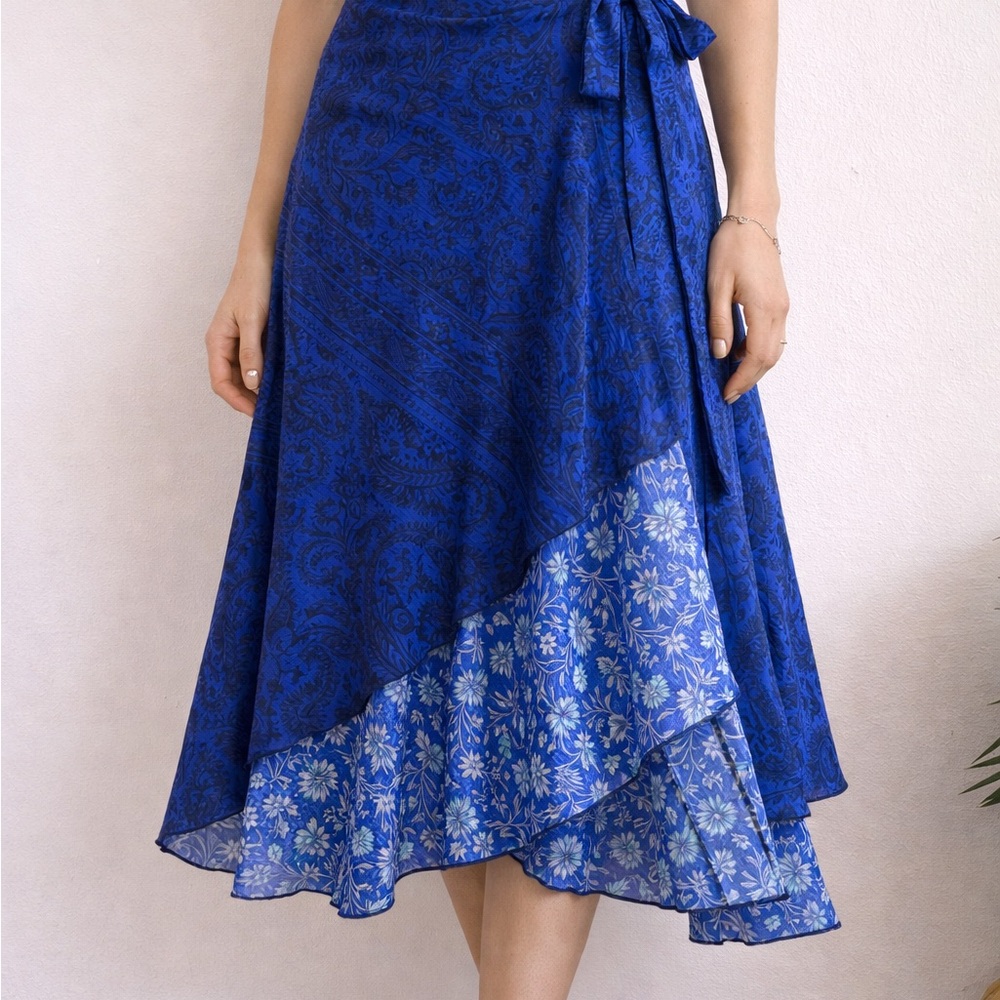 Alchemy Fashions Recycled Sari Silk Wrap Skirt – Blue Floral – 100% Silk